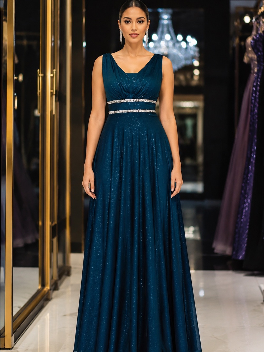 Elegant Teal Evening Gown with Sparkle Waistband